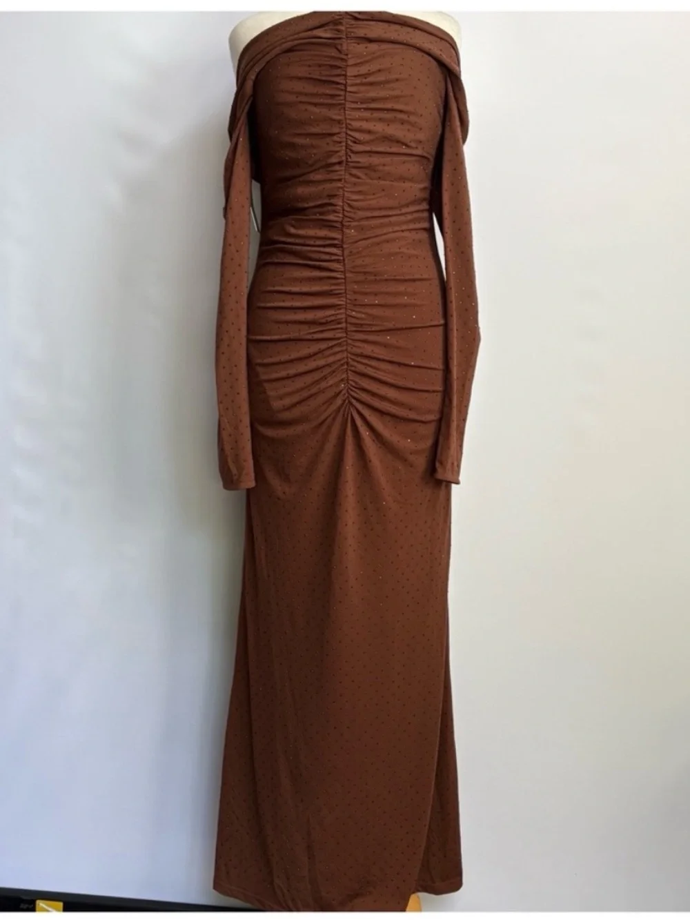 Anthro  Bardot Artura Diamante Fitted Off shoulder Ruched Maxi Dress Event Dates - Picture 9 of 15